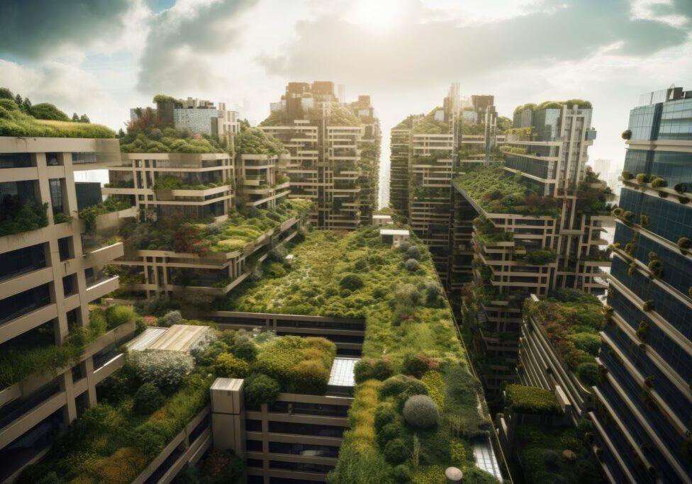 green city of the future, with farm and garden on roof of high-rise building, created with generative ai