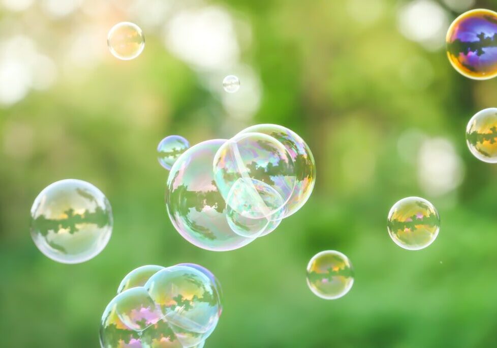 soap bubbles on green nature background